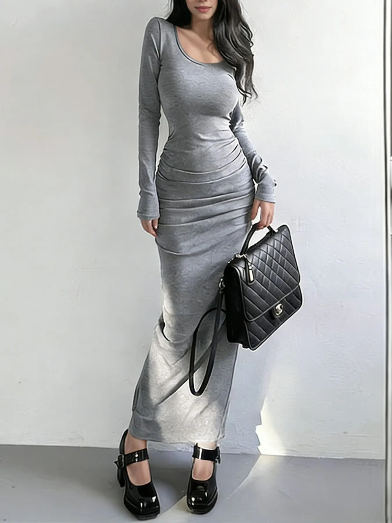 Slit Long Sleeve Bodycon Maxi Dress
